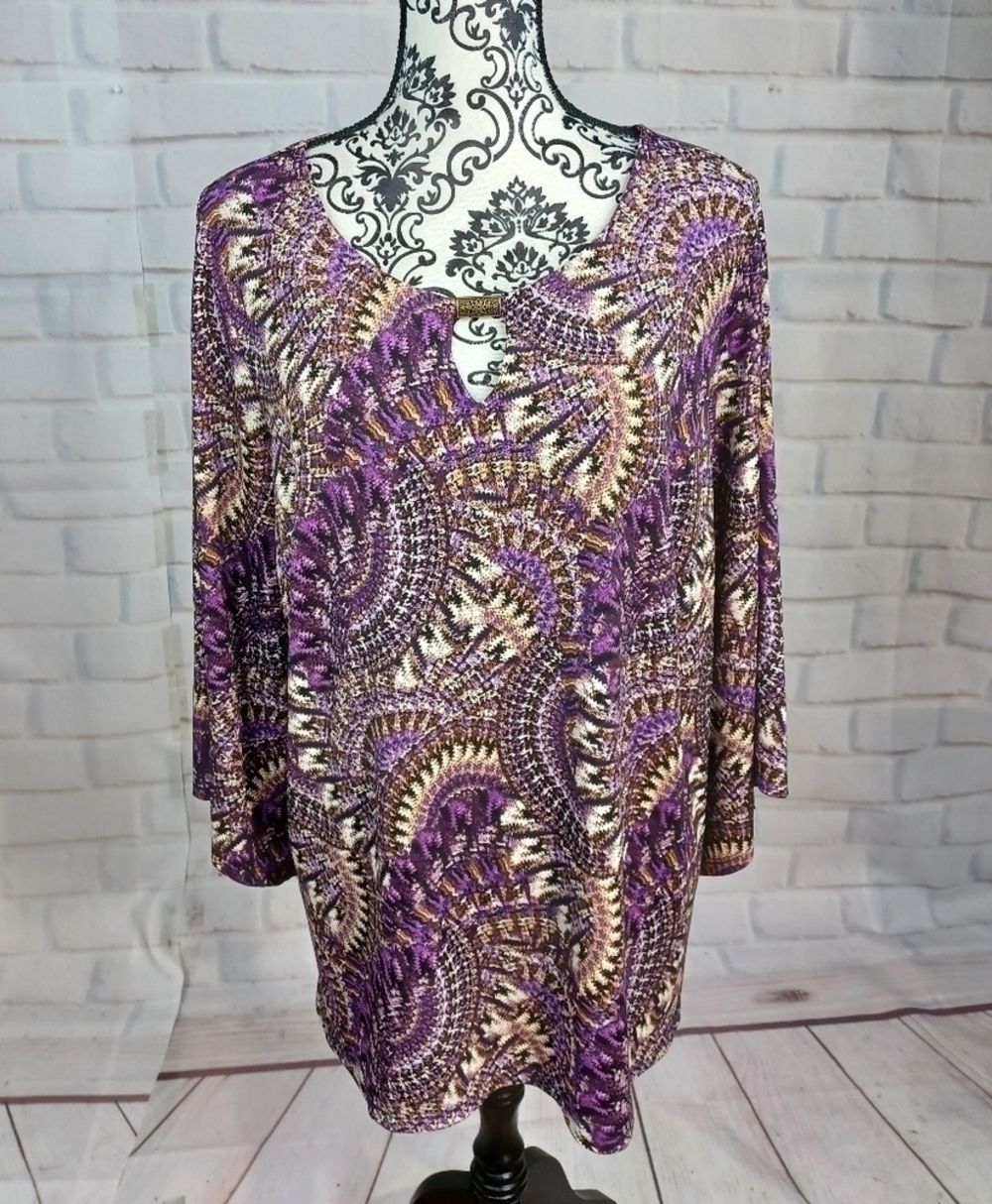 Roz & Ali women's long sleeve stretch knit keyhole front sz 1x geo print top b17